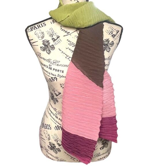 Boissy Paris Crepe Pleated Scarf Green Pink Brown Striped Vintage Made In France - Picture 1 of 7